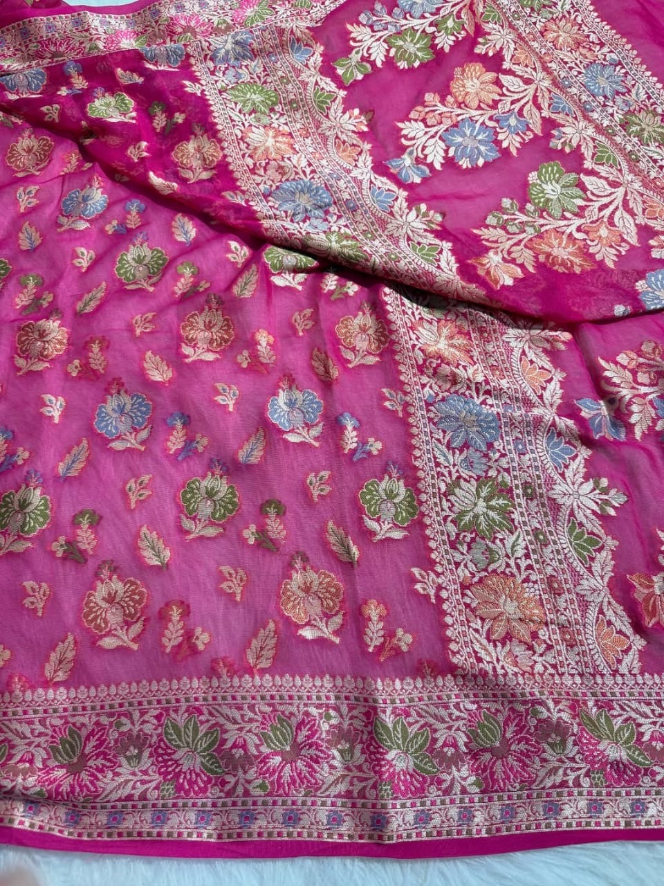 Rani Pink Pure Chiffon Silk Banarasi Saree