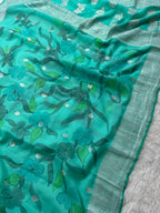 Sea Green Handbrush Pure Khaddi Chiffon Silk Banarasi Saree