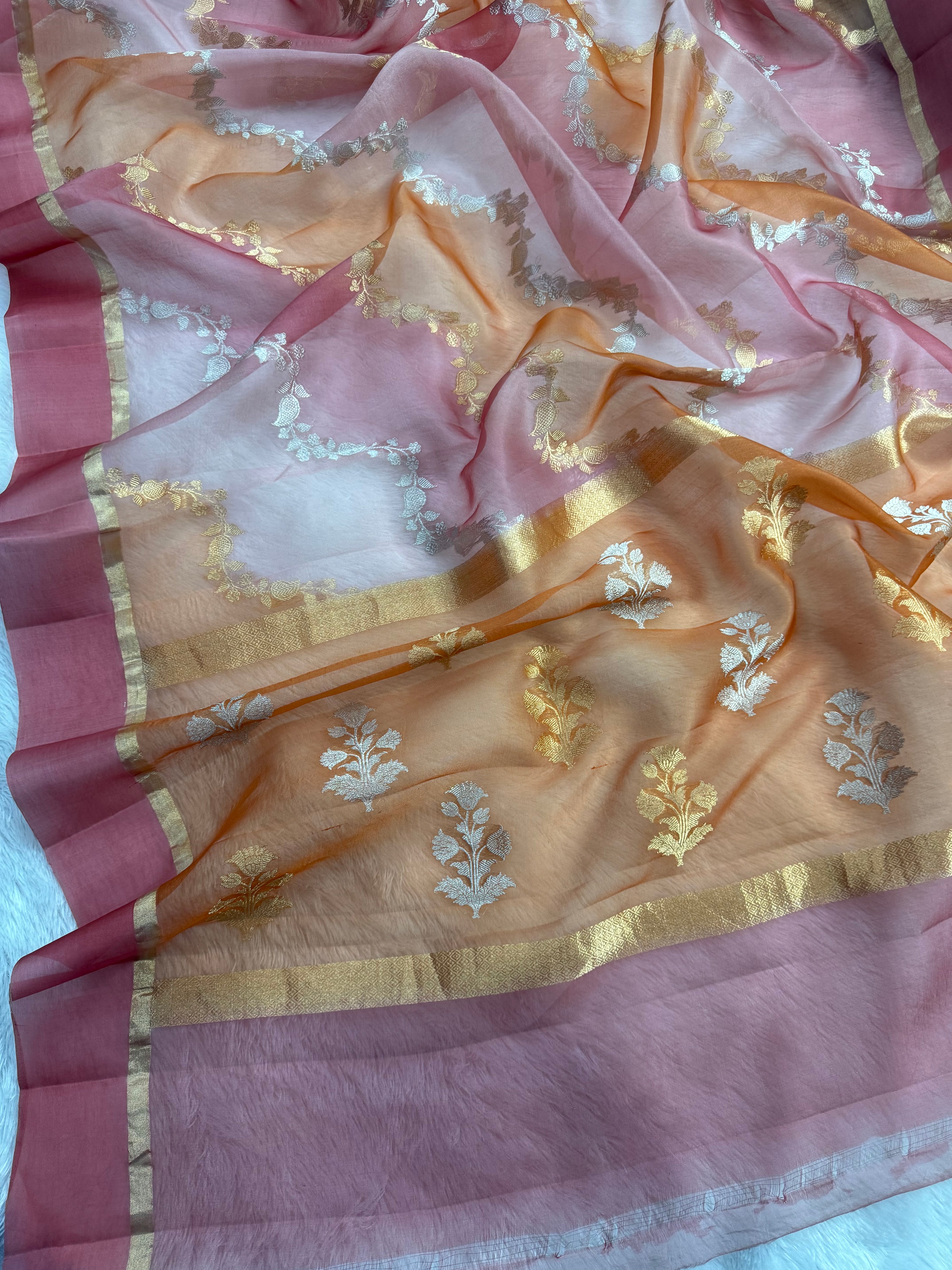 Rangkat Pure Kora Organza Sona & Roopa Zari Stripe Weaving Banarasi Saree