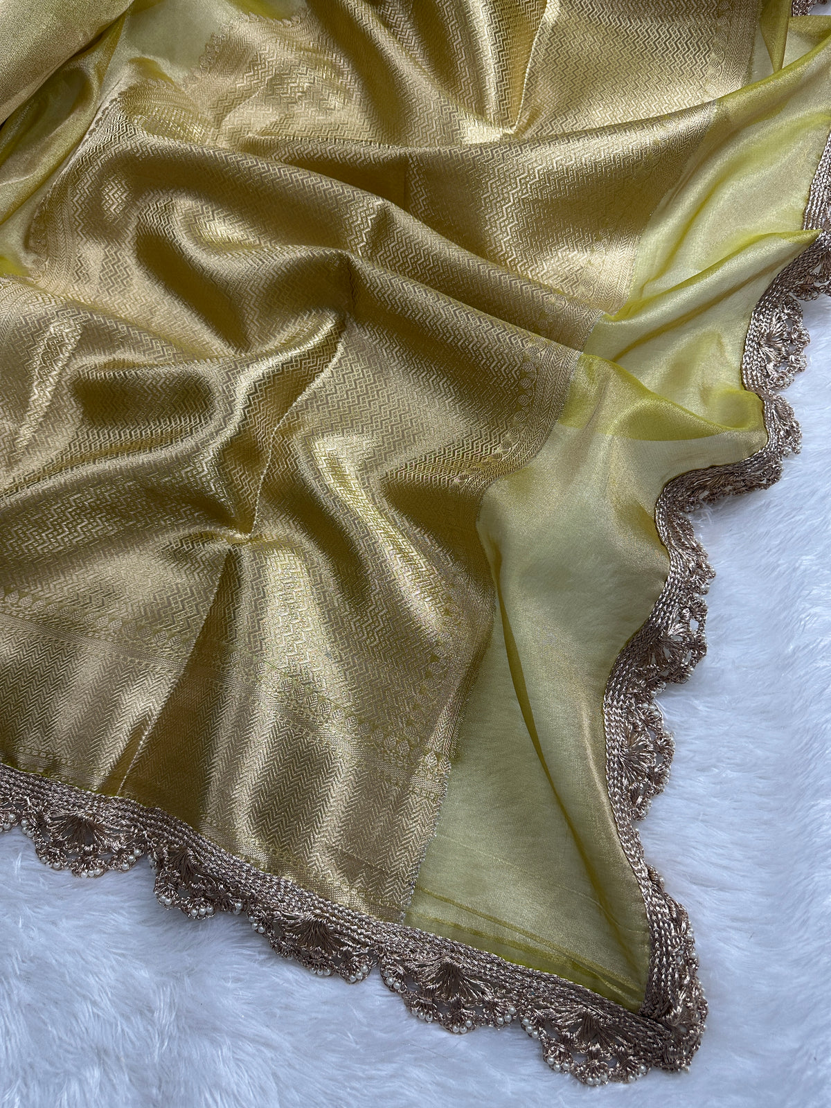 Lemon Beautiful Lace Border Tissue Silk Banarasi Saree