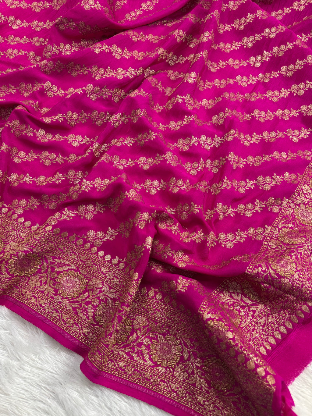 Hot Pink & Navy Blue Pure Khaddi Crep Silk Banarasi Saree