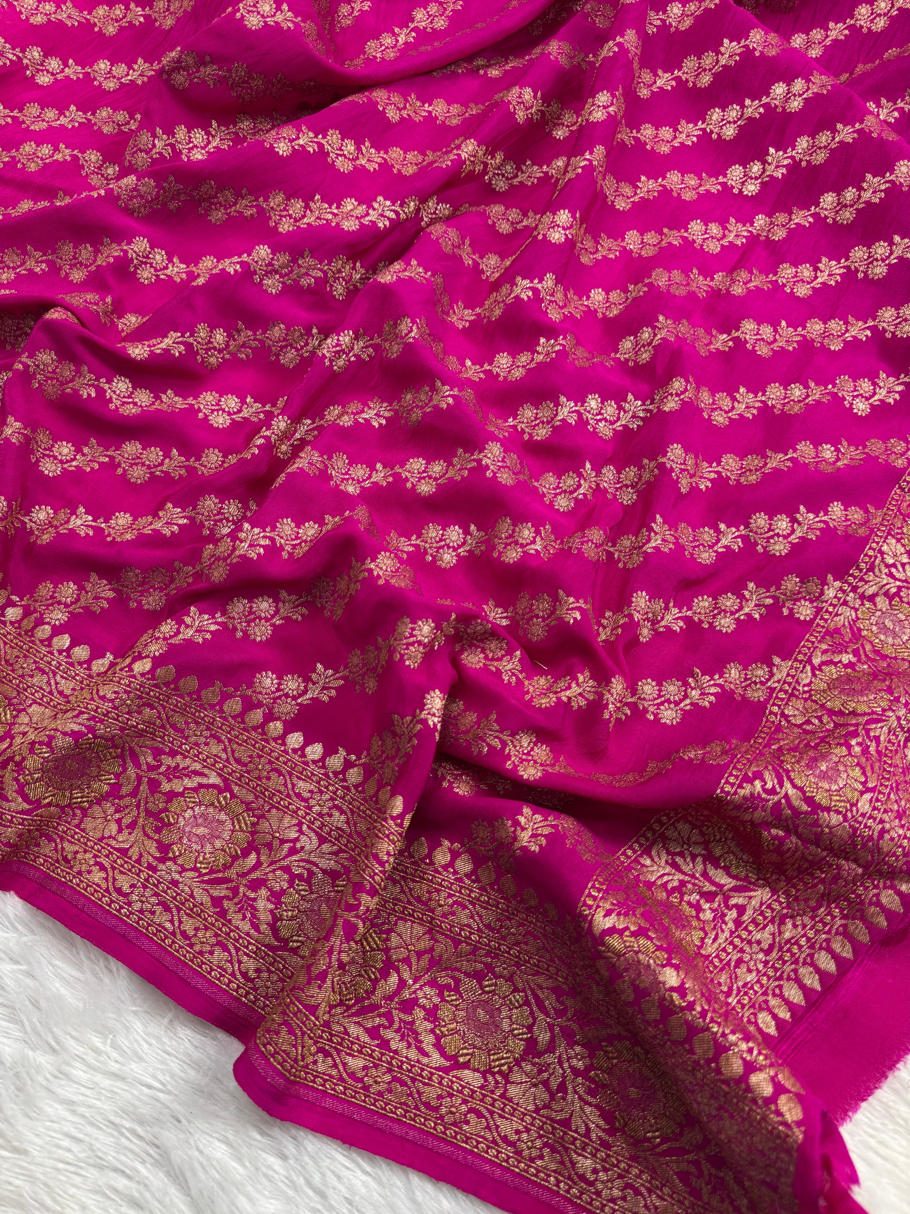Hot Pink & Navy Blue Pure Khaddi Crep Silk Banarasi Saree