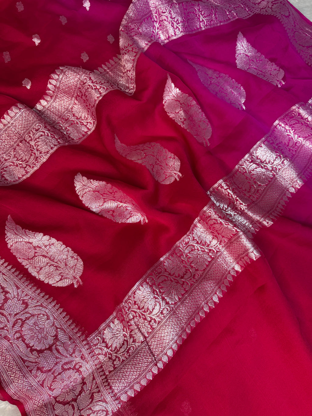 Red Rani Pure Khaddi Chiffon Silk Banarasi Half & Half Saree