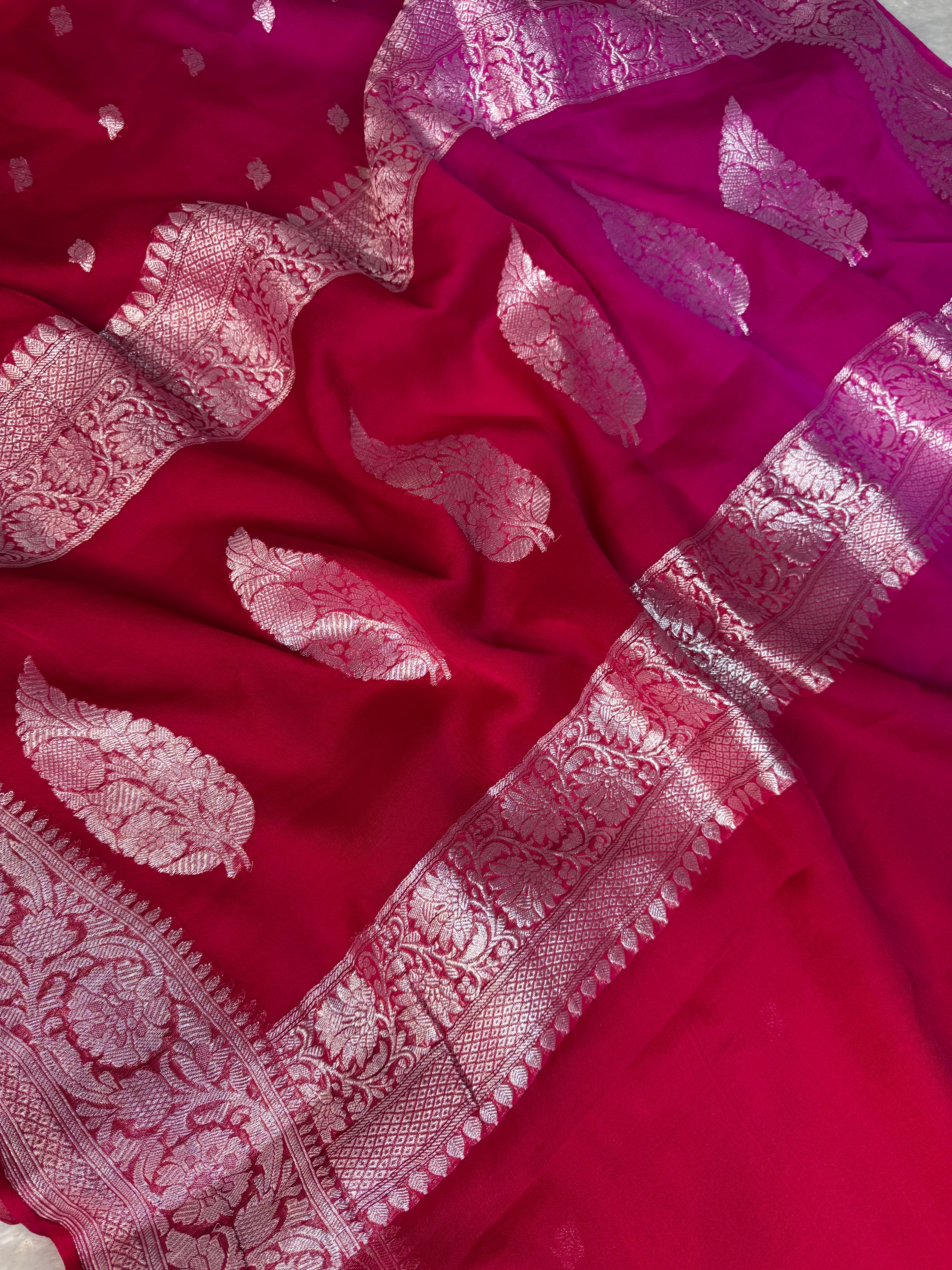 Red Rani Pure Khaddi Chiffon Silk Banarasi Half & Half Saree