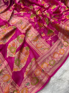 Rani Pink Handbrush Meenakari Pure Chiffon Silk Banarasi Saree