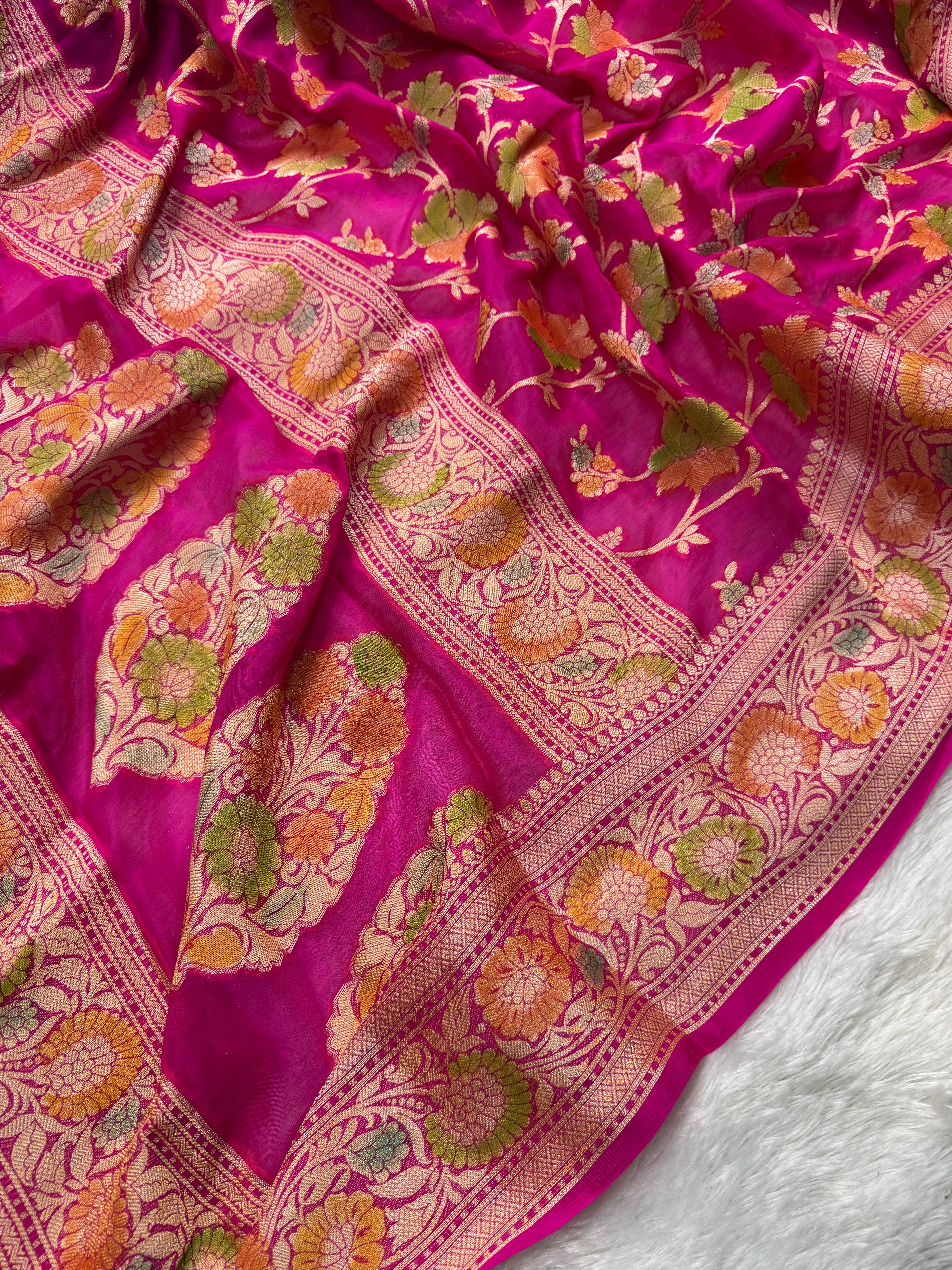 Rani Pink Handbrush Meenakari Pure Chiffon Silk Banarasi Saree