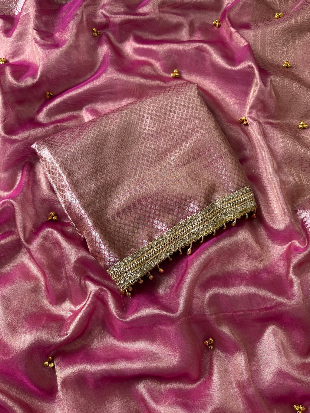 Pink Tissue Silk Saree With Golden Ghungroo Butti Work & Luxury Lace Border