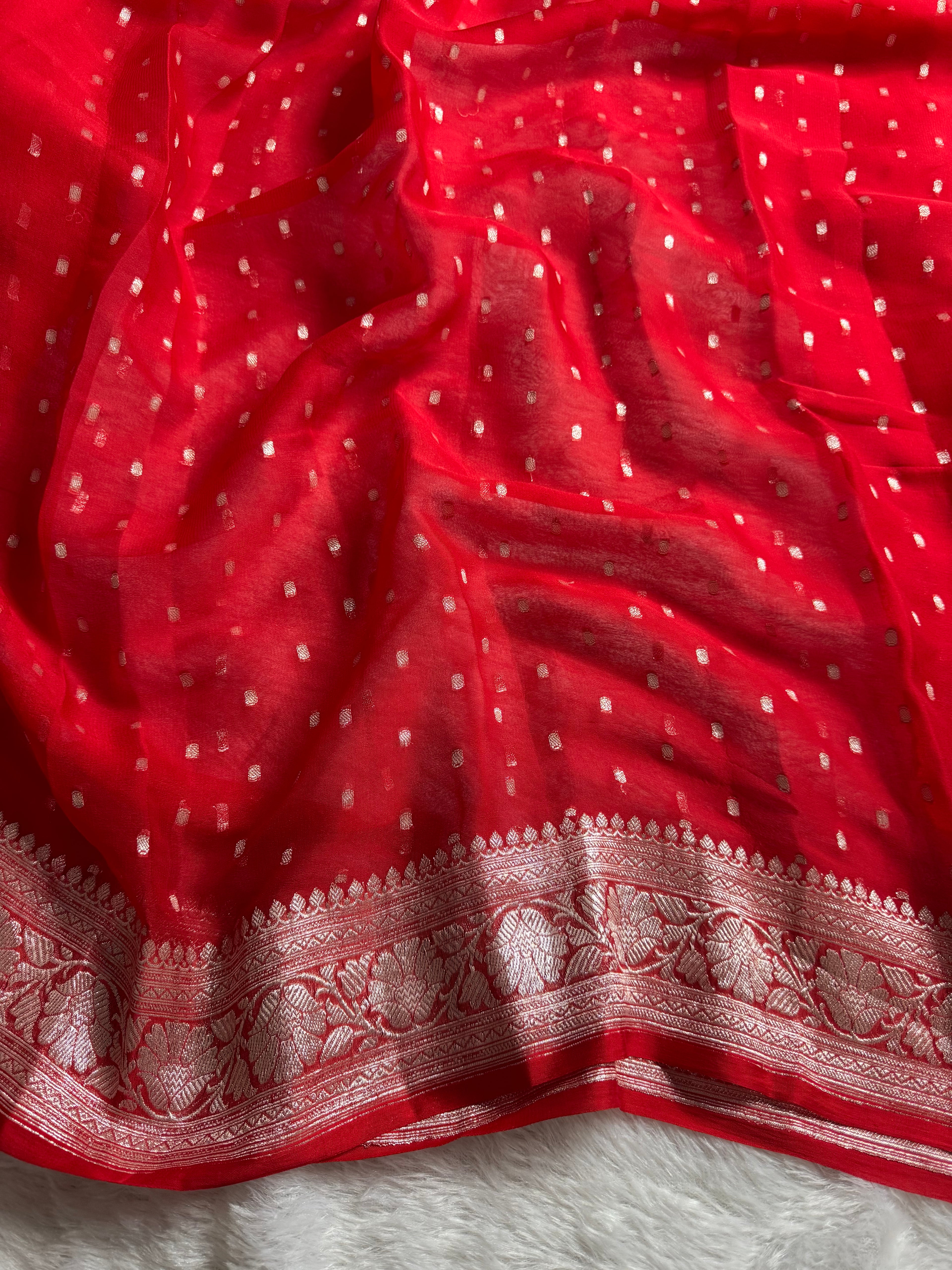 Red Pure Khaddi Chiffon Silk Banarasi Thousand Booti Saree
