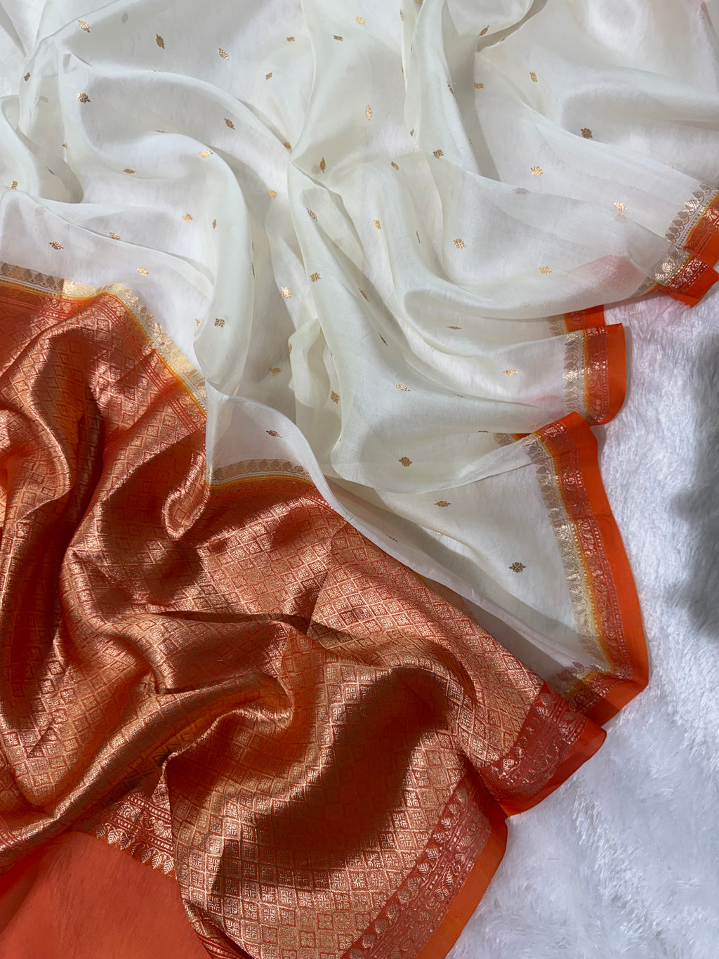 Off-White & Orange Pure Kora Organza Silk Banarasi Saree