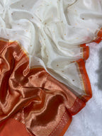 Off-White & Orange Pure Kora Organza Silk Banarasi Saree
