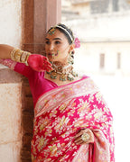 Rani Pink With Handbrush Pure Khaddi Georgette Silk Banarasi Saree