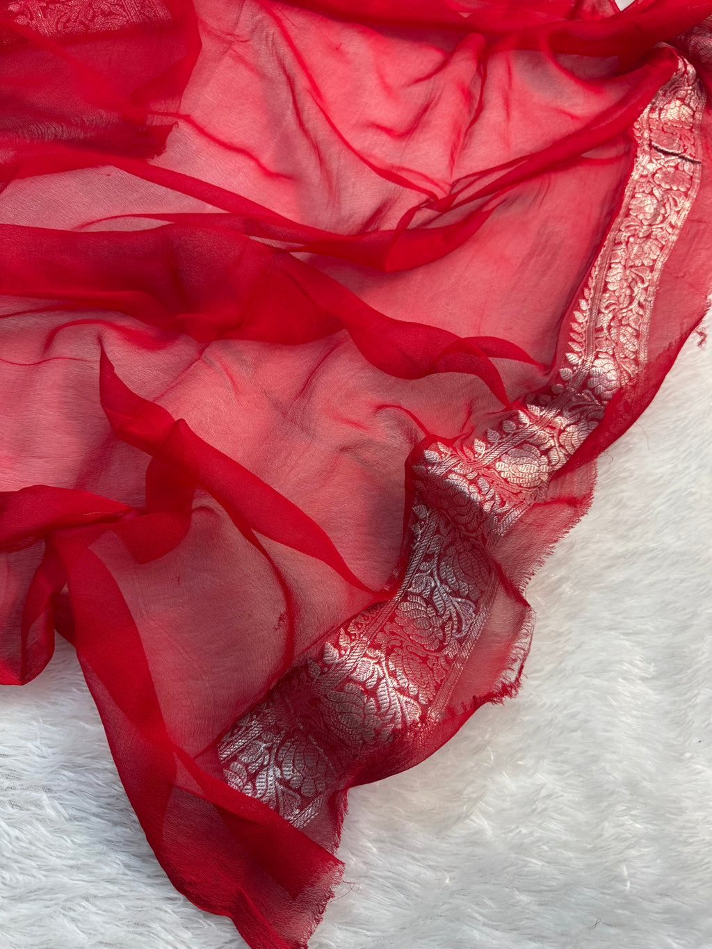 Azure Blue & Red Double Borders Pure Khaddi Chiffon Silk Banarasi Saree