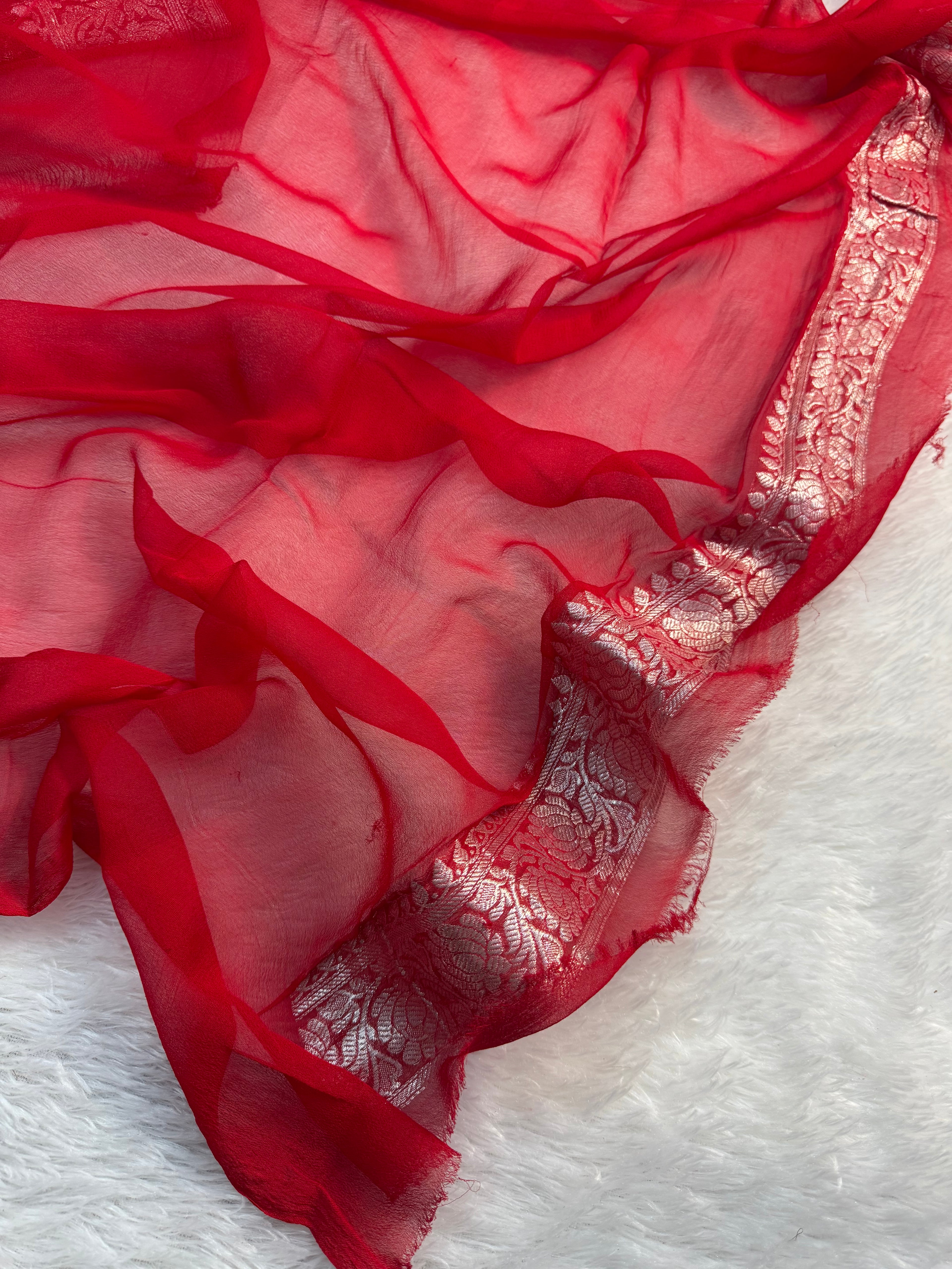 Azure Blue & Red Double Borders Pure Khaddi Chiffon Silk Banarasi Saree