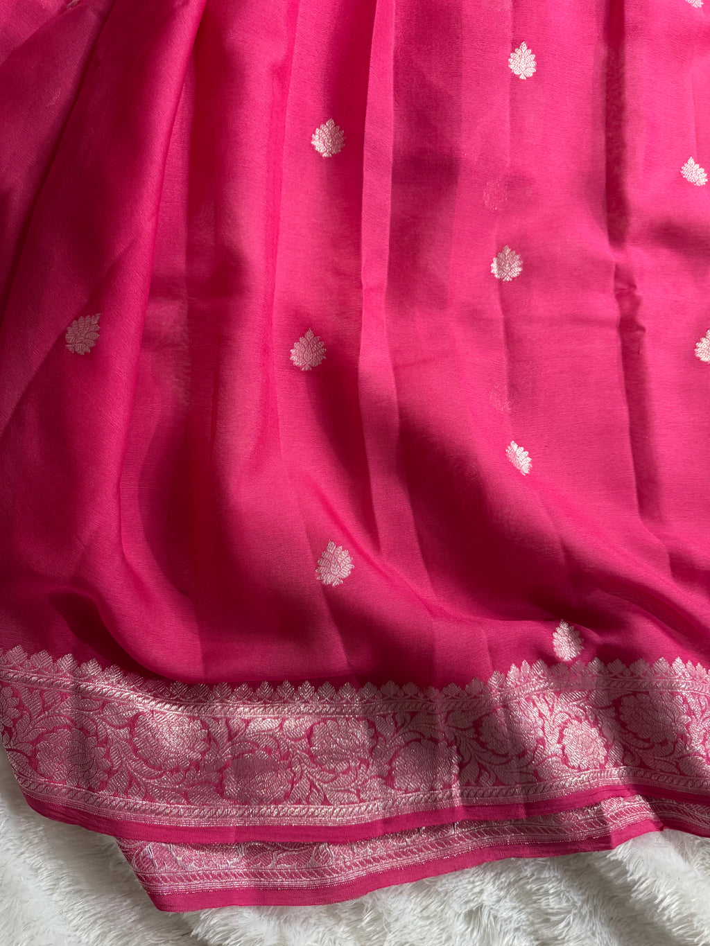 Hot Pink Pure Khaddi Chiffon Silk Banarasi Saree