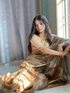 Grey Pure Tissue Silk Banarasi Crush Saree
