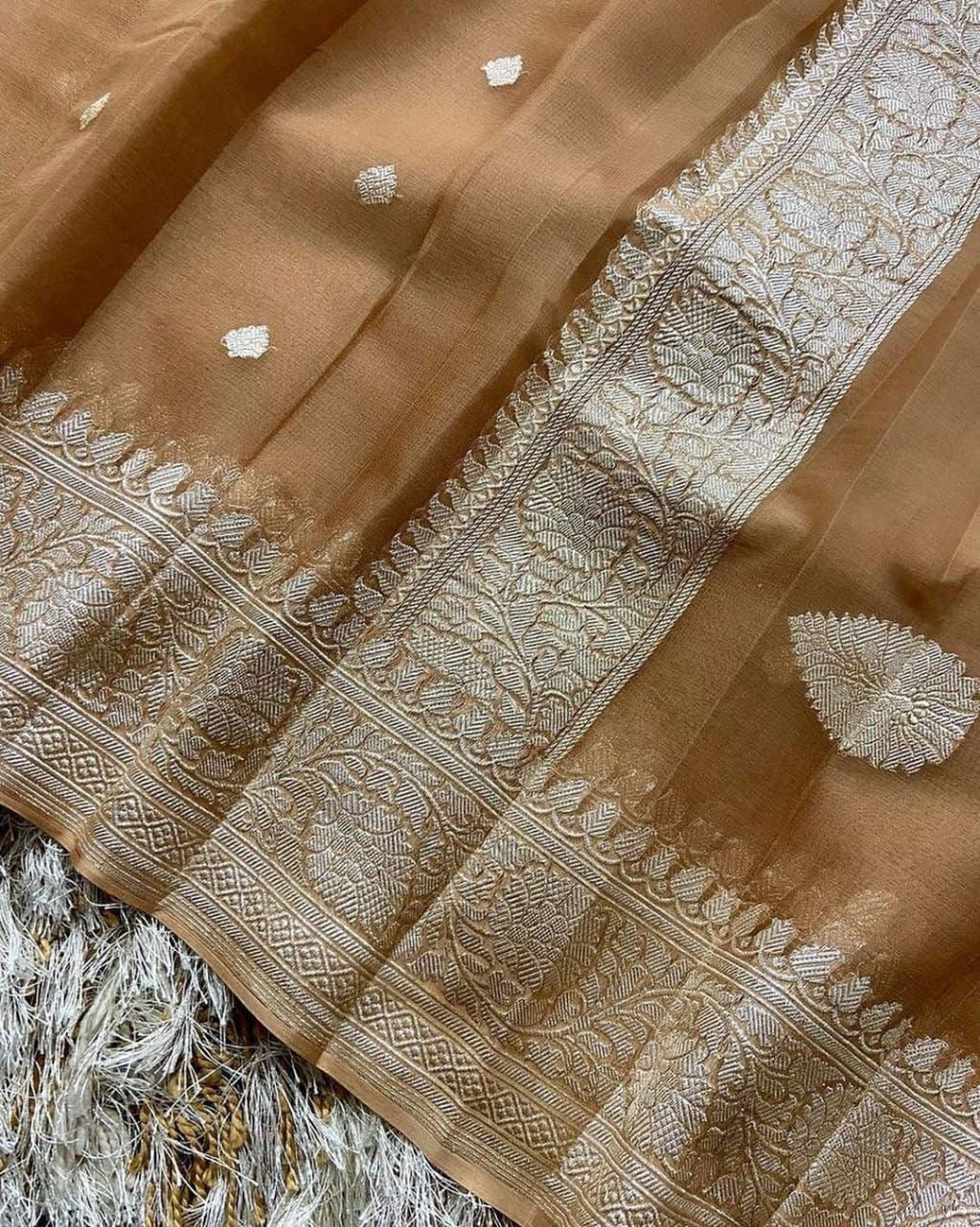 Camel Brown Pure Khaddi Chiffon Silk Banarasi Saree