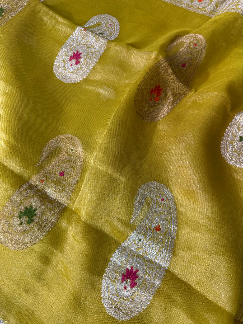 Yellow Pure Khaddi Tissue Chiffon Sona & Roopa Meenakari Banarasi Saree