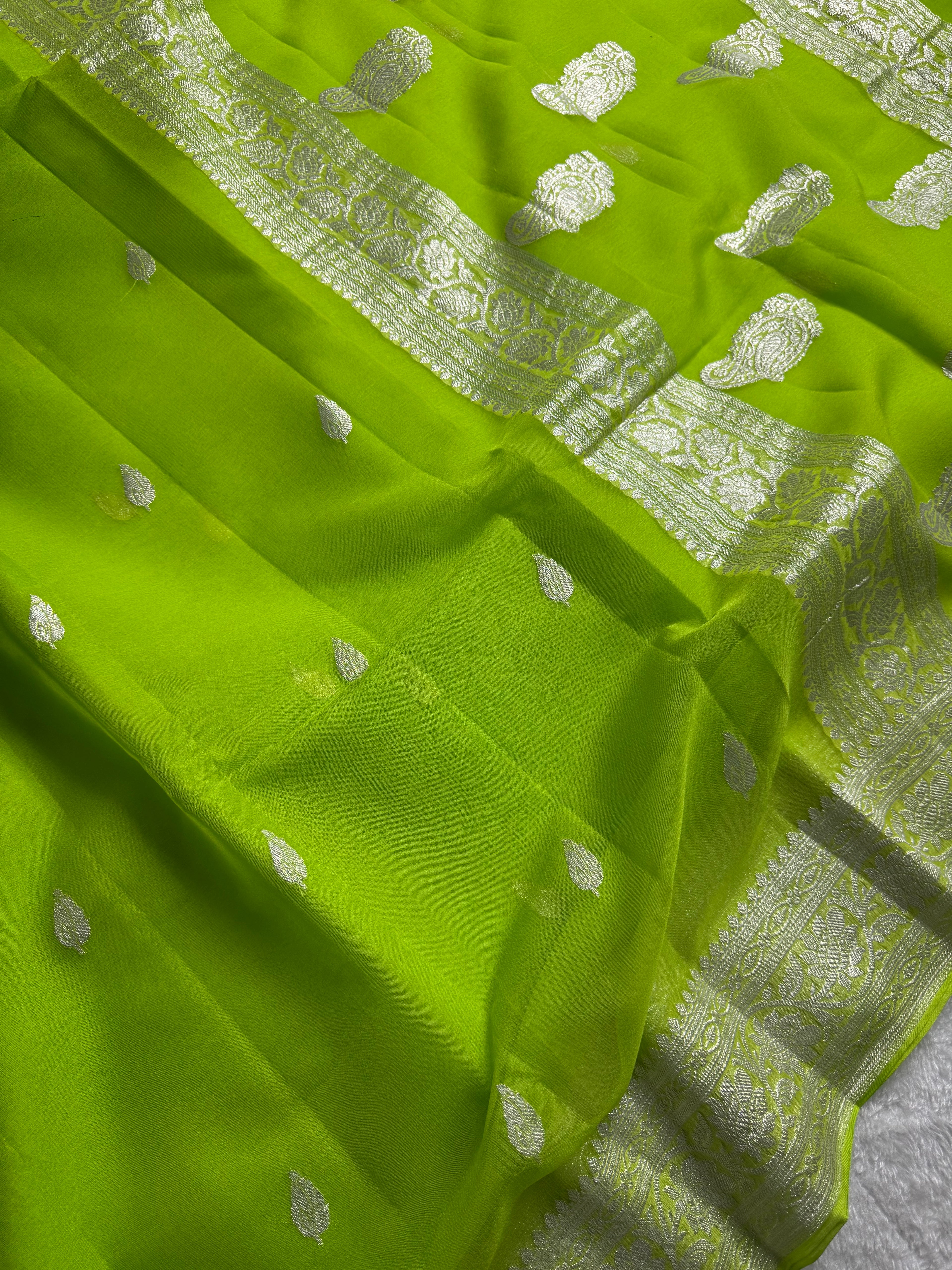 Bright Green Pure khaddi Chiffon Silk Banarasi Border Booti Saree