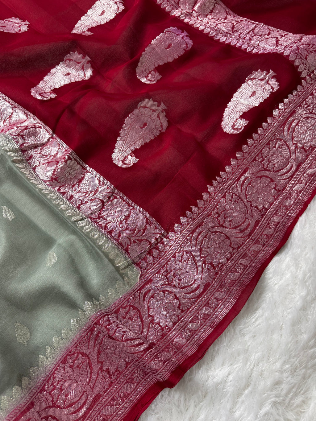 Grey & Red Pure Khaddi Chiffon Silk Banarasi Saree