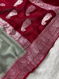Grey & Red Pure Khaddi Chiffon Silk Banarasi Saree