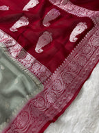 Grey & Red Pure Khaddi Chiffon Silk Banarasi Saree