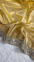 Golden Yellow Tissue Silk Saree With Intricate Zari Weaving & Mirror Lace Border
