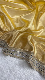 Golden Yellow Tissue Silk Saree With Intricate Zari Weaving & Mirror Lace Border