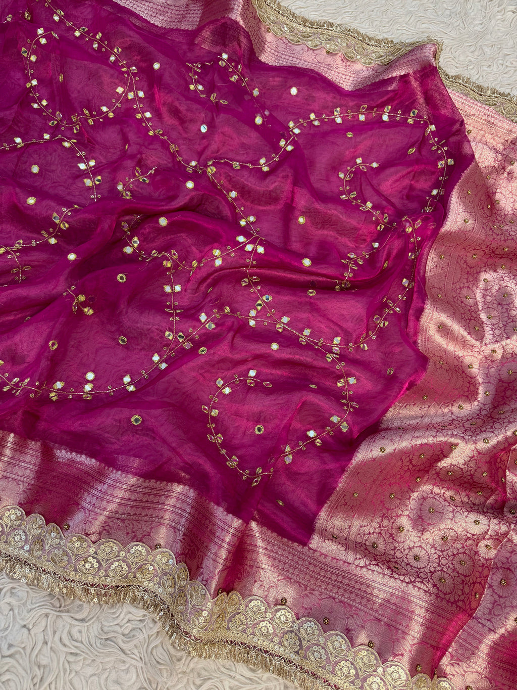 Pure Banarasi Tissue Saree with Hand Work on all over Body with Intricate Border and Pallu Design Along with Gotta Patti Lace Work