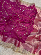 Pure Banarasi Tissue Saree with Hand Work on all over Body with Intricate Border and Pallu Design Along with Gotta Patti Lace Work