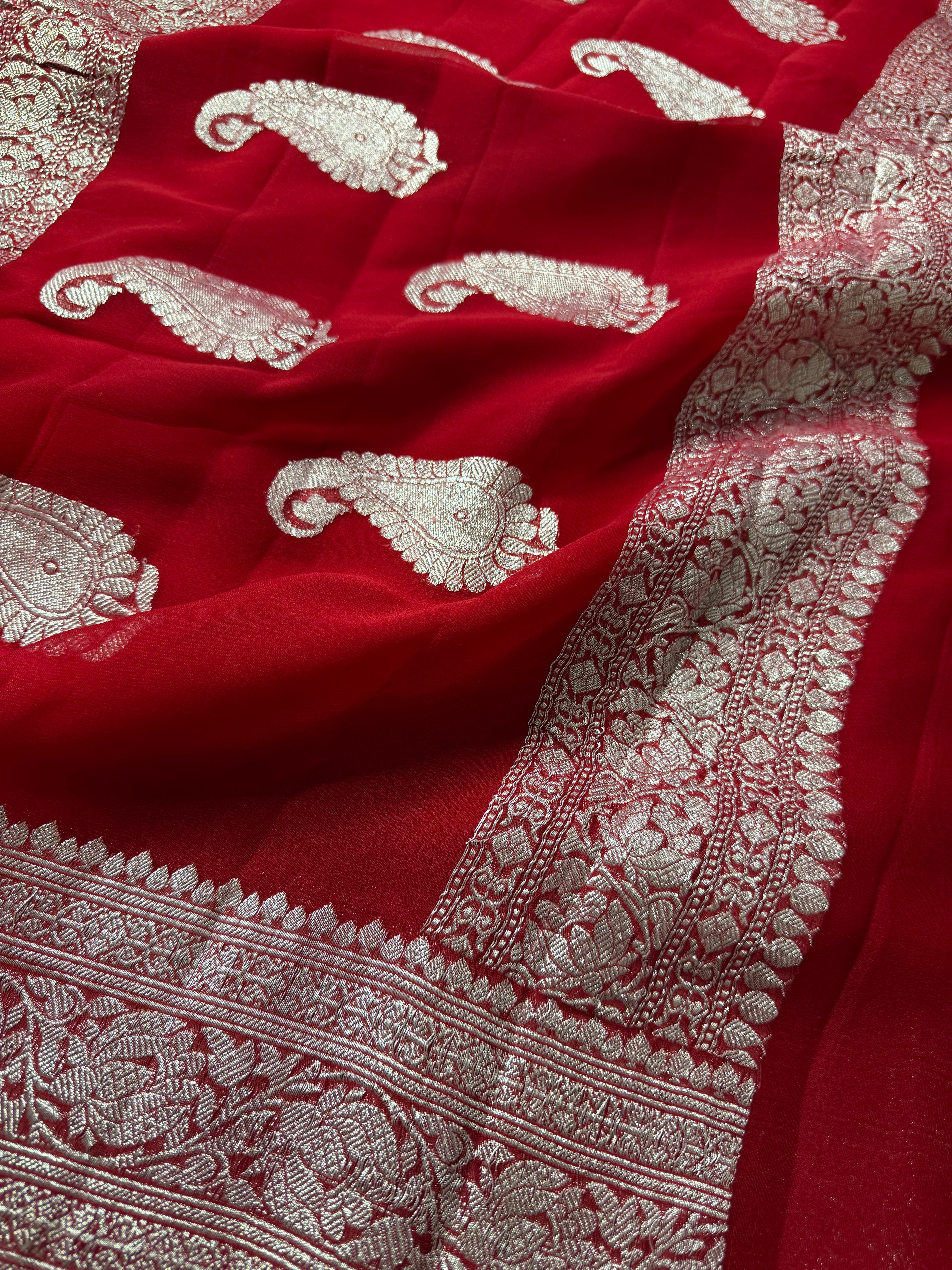 Red Pure Khaddi Chiffon Silk Banarasi Saree
