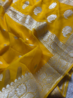 Mustard Yellow Pure Khaddi Chiffon Silk Banarasi Saree