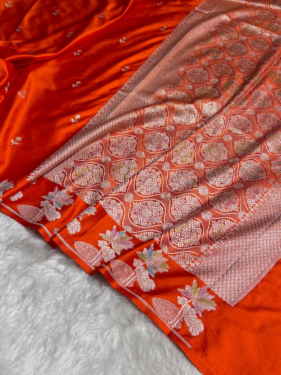Orange Meenakari Mashru Katan Silk Banarasi Saree