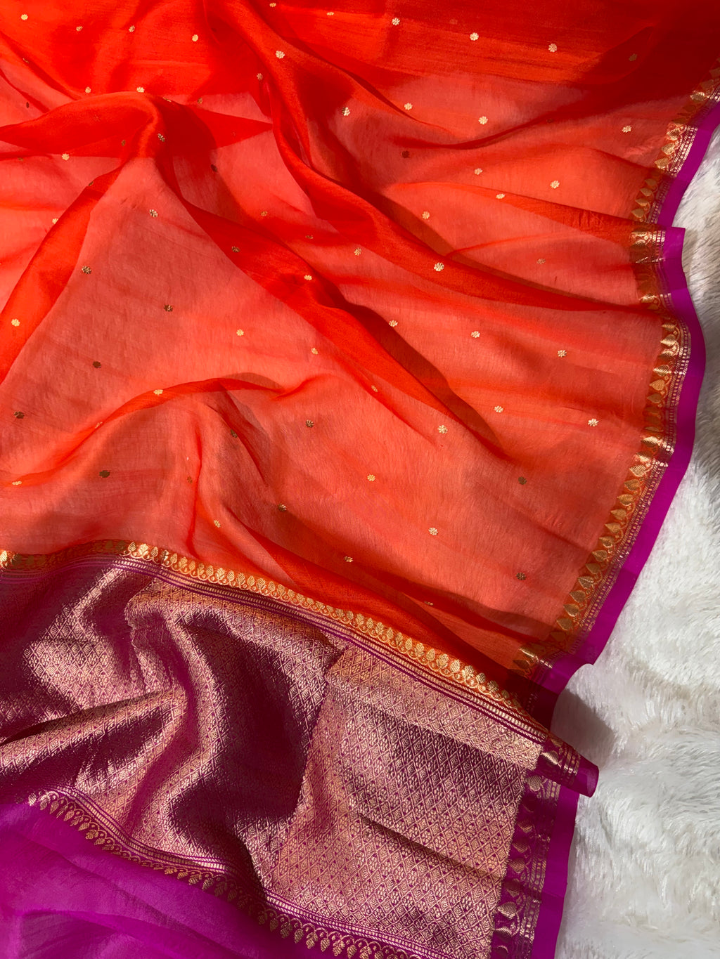 Orange & Rani Pink Pure Kora Organza Silk Banarasi Saree