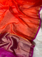 Orange & Rani Pink Pure Kora Organza Silk Banarasi Saree