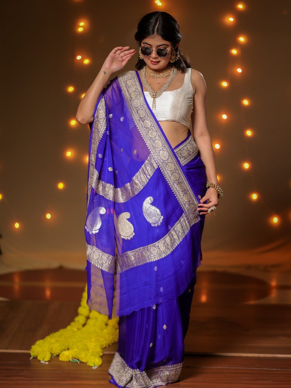 Royal Blue Pure Khaddi Chiffon Silk Banarasi Saree