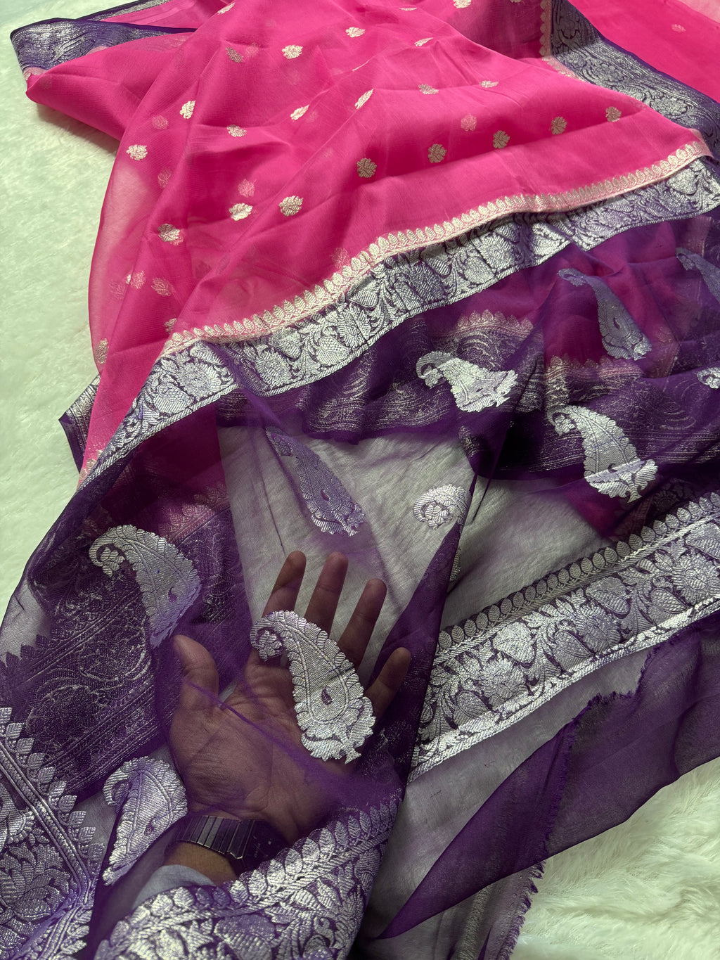 Rani Pink & Deep Purple Pure Khaddi Chiffon Silk Banarasi Saree