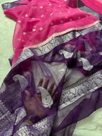 Rani Pink & Deep Purple Pure Khaddi Chiffon Silk Banarasi Saree