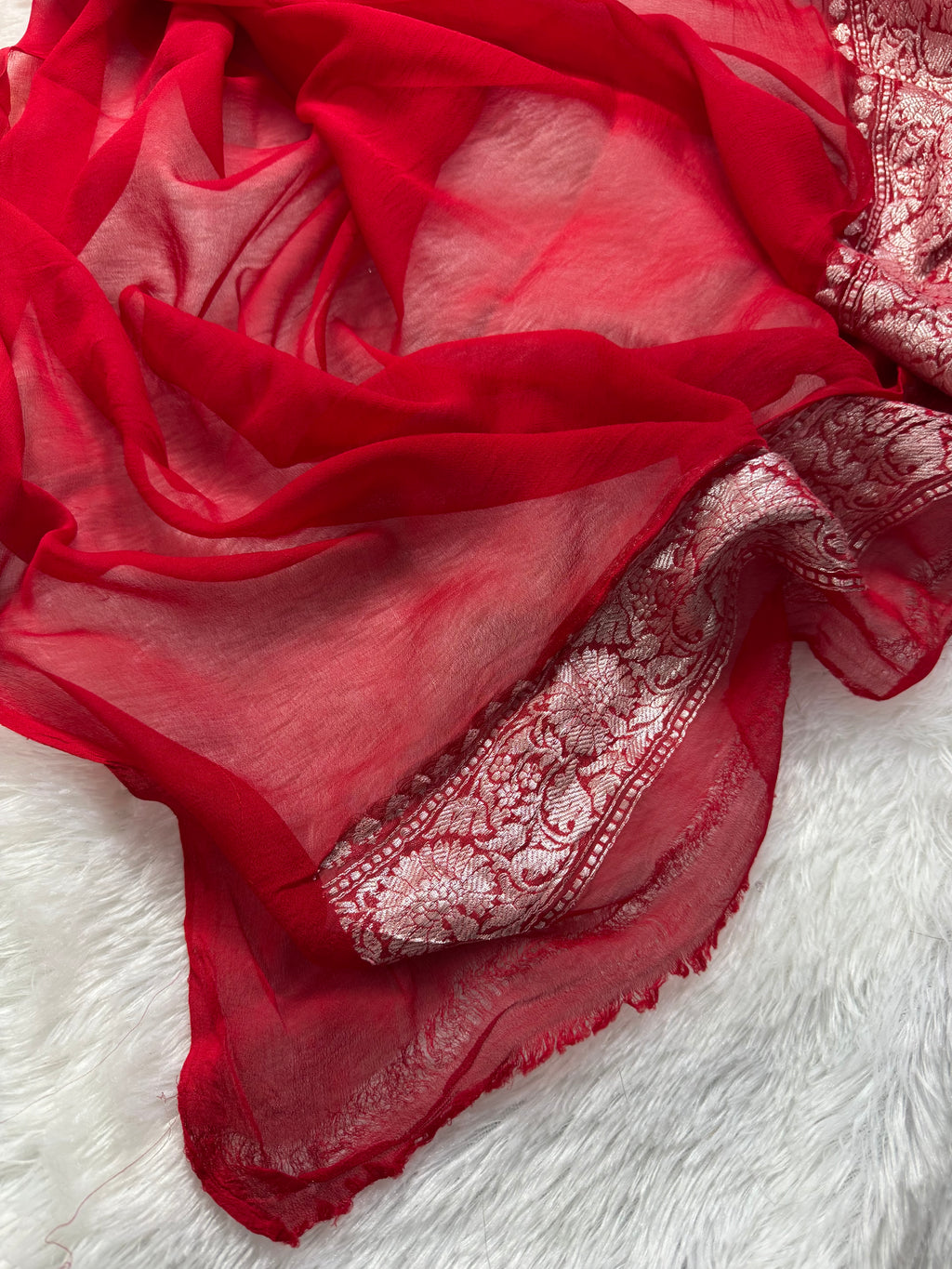 White & Red Pure Khaddi Chiffon Silk Banarasi Saree