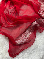 White & Red Pure Khaddi Chiffon Silk Banarasi Saree