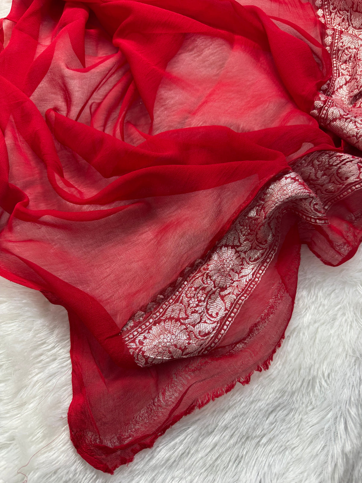 White & Red Pure Khaddi Chiffon Silk Banarasi Saree