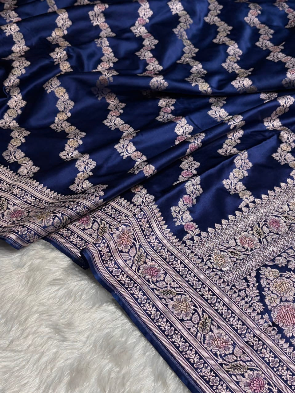 Navy Blue Meenakari Mashru Katan Silk Banarasi Saree