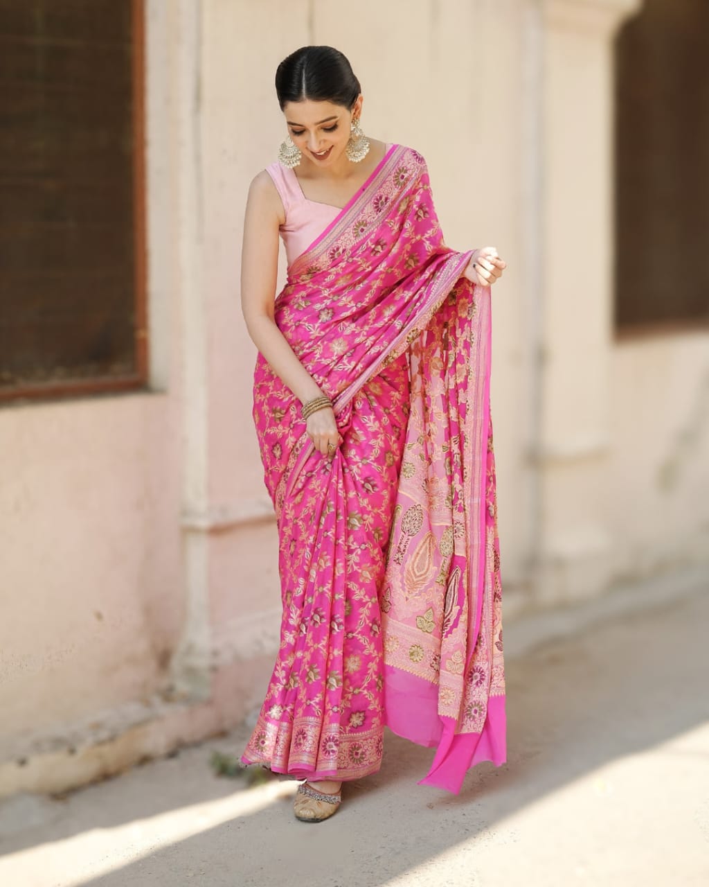 Pink Pure Chiffon Silk Banarasi Saree