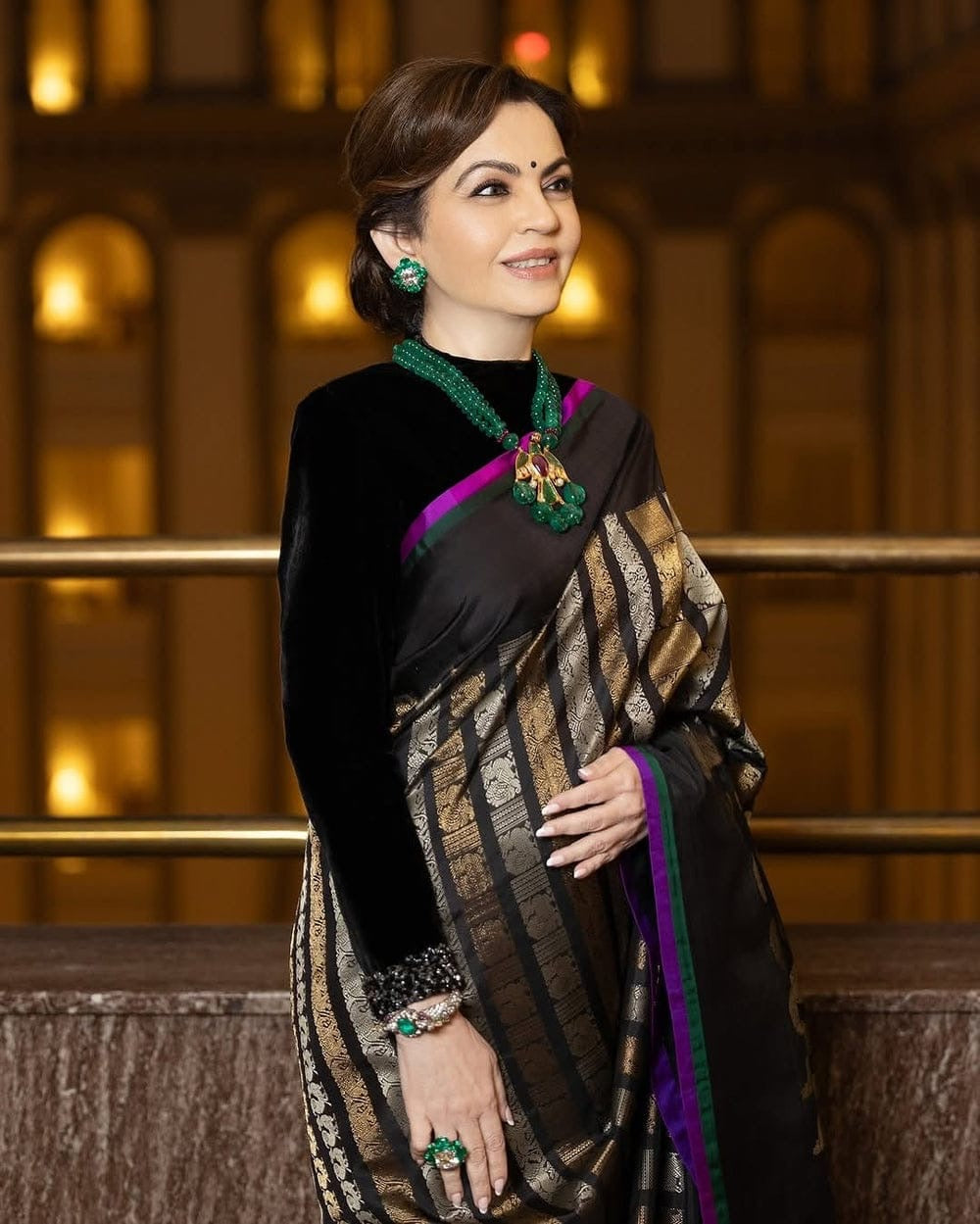 Black Nita Ambani Inspired Pure Katan Silk Banarasi Stripe Handwoven Saree