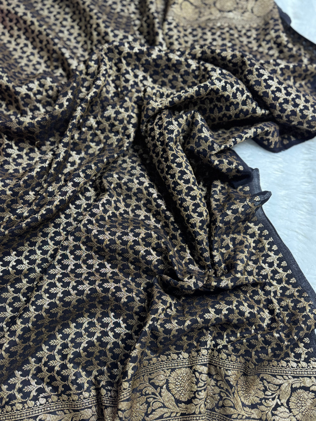 Dark Navy Blue & Pastel Pink Pure Khaddi Crep Silk Banarasi Saree