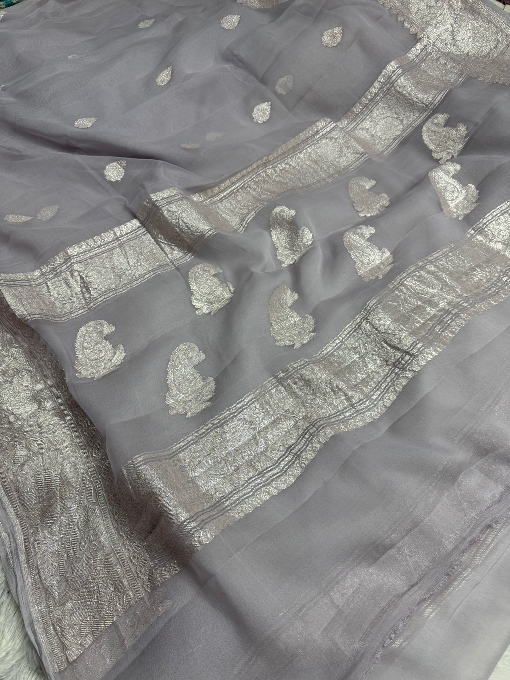 Grey Pure Khaddi Chiffon Silk Banarasi Saree