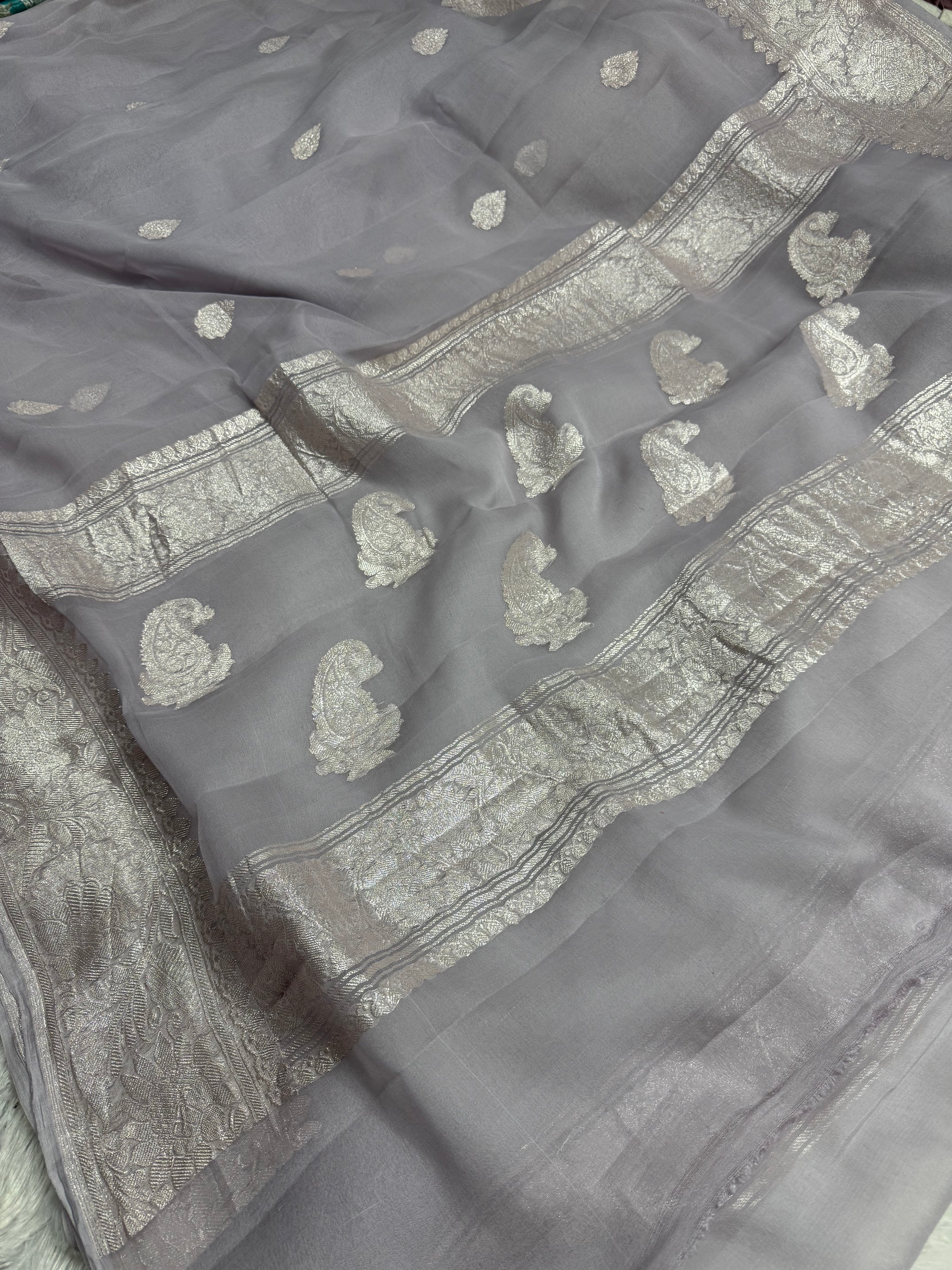 Grey Pure Khaddi Chiffon Silk Banarasi Saree