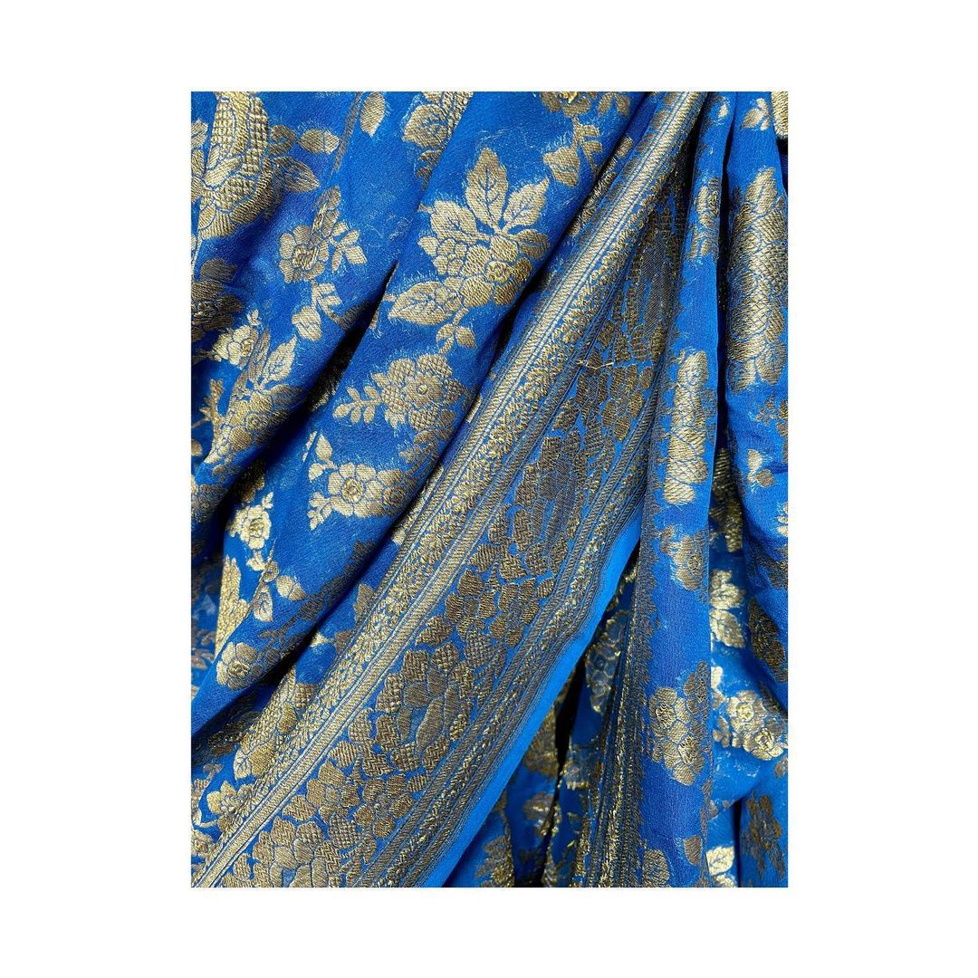 Royal Blue Pure Khaddi Georgette Silk Banarasi Saree
