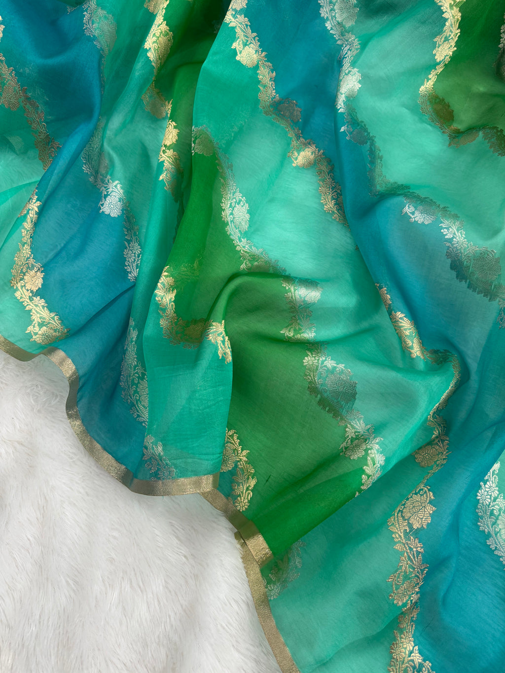 Sea Green Rangkat Pure Kora Organza Sona & Roopa Zari Stripe Weaving Banarasi Saree