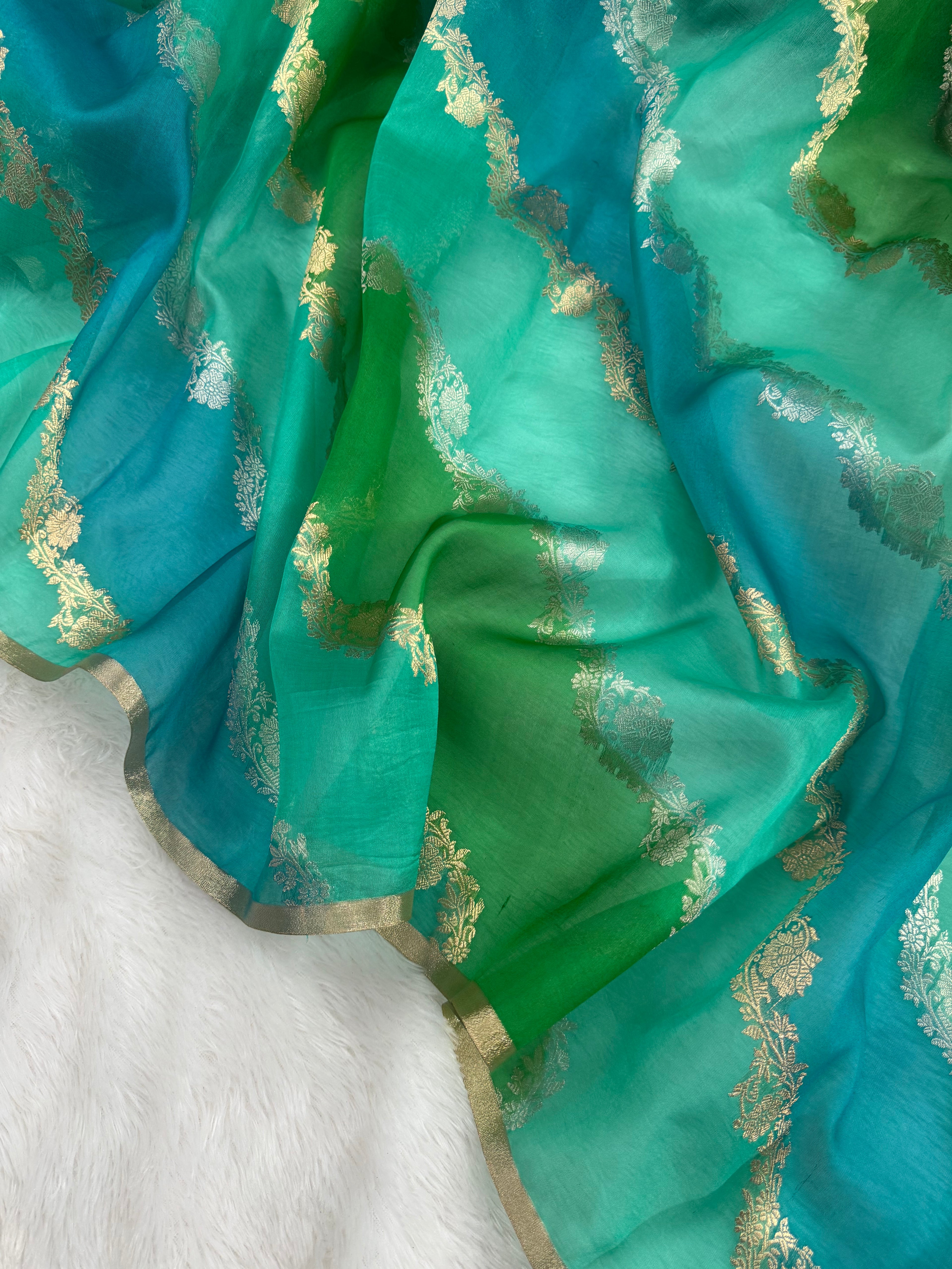 Sea Green Rangkat Pure Kora Organza Sona & Roopa Zari Stripe Weaving Banarasi Saree