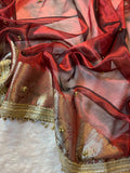 Carmine Red Tissue Silk Saree With Golden Ghungroo Butti Work & Luxury Lace Border